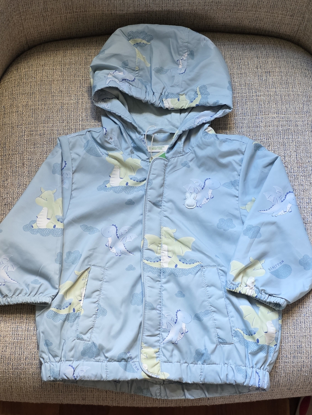 NWT, United Colors Of Benetton Light Blue Hooded Dragon-Print Raincoat
